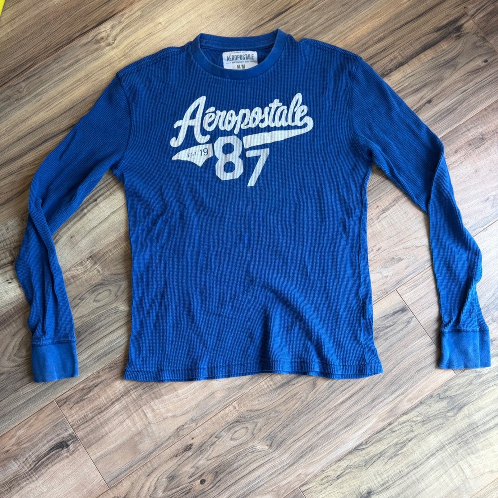 Y2K Aeropostale Mens M Blue Waffle Knit Thermal Long Sleeve Graphic T-Shirt 87